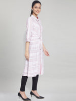 Thumbnail for AURELIA White & Pink Striped Shirt Dress With Waist Tie Up - Distacart