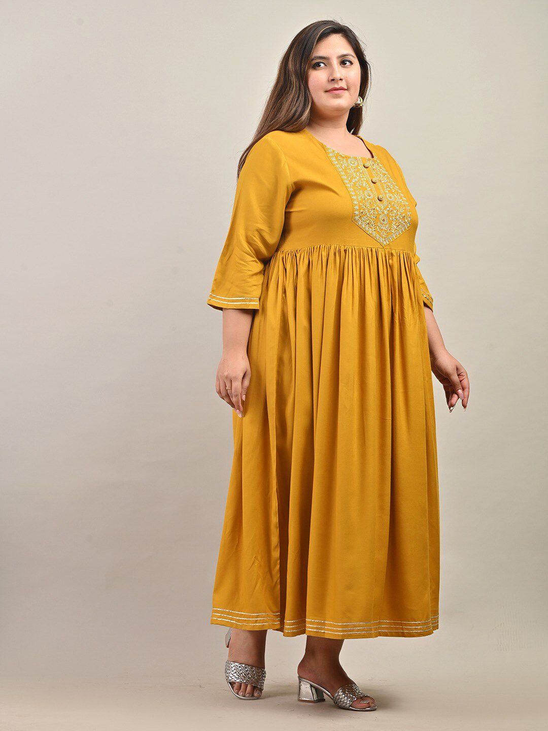 Swasti Plus Size Ethnic Motif Embroidered Round Neck Gathered Fit & Flare Maxi Dress