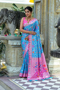 Thumbnail for Aastha Fashion Turquoise Woven Kanjivaram Silk Saree with Blouse - Distacart
