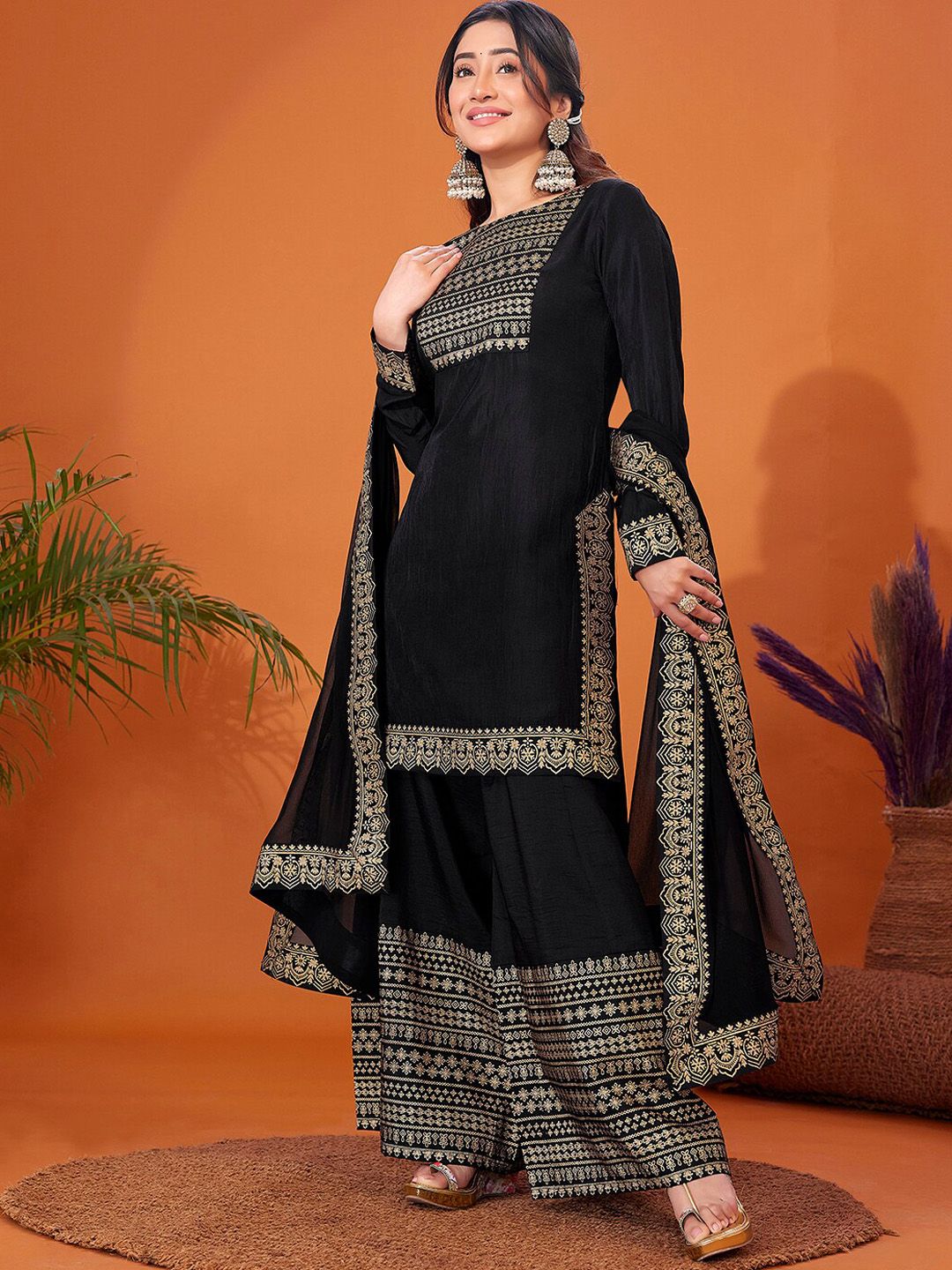 Kalini Foil Printed Long Sleeves Regular Kurta With Palazzos & Dupatta