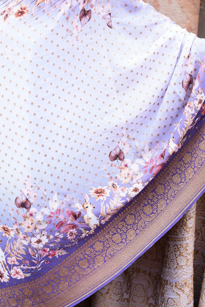 Joban Fashion Shade Of Orchid Crepe Chiffon Pure Handloom Banarasi Silk Saree