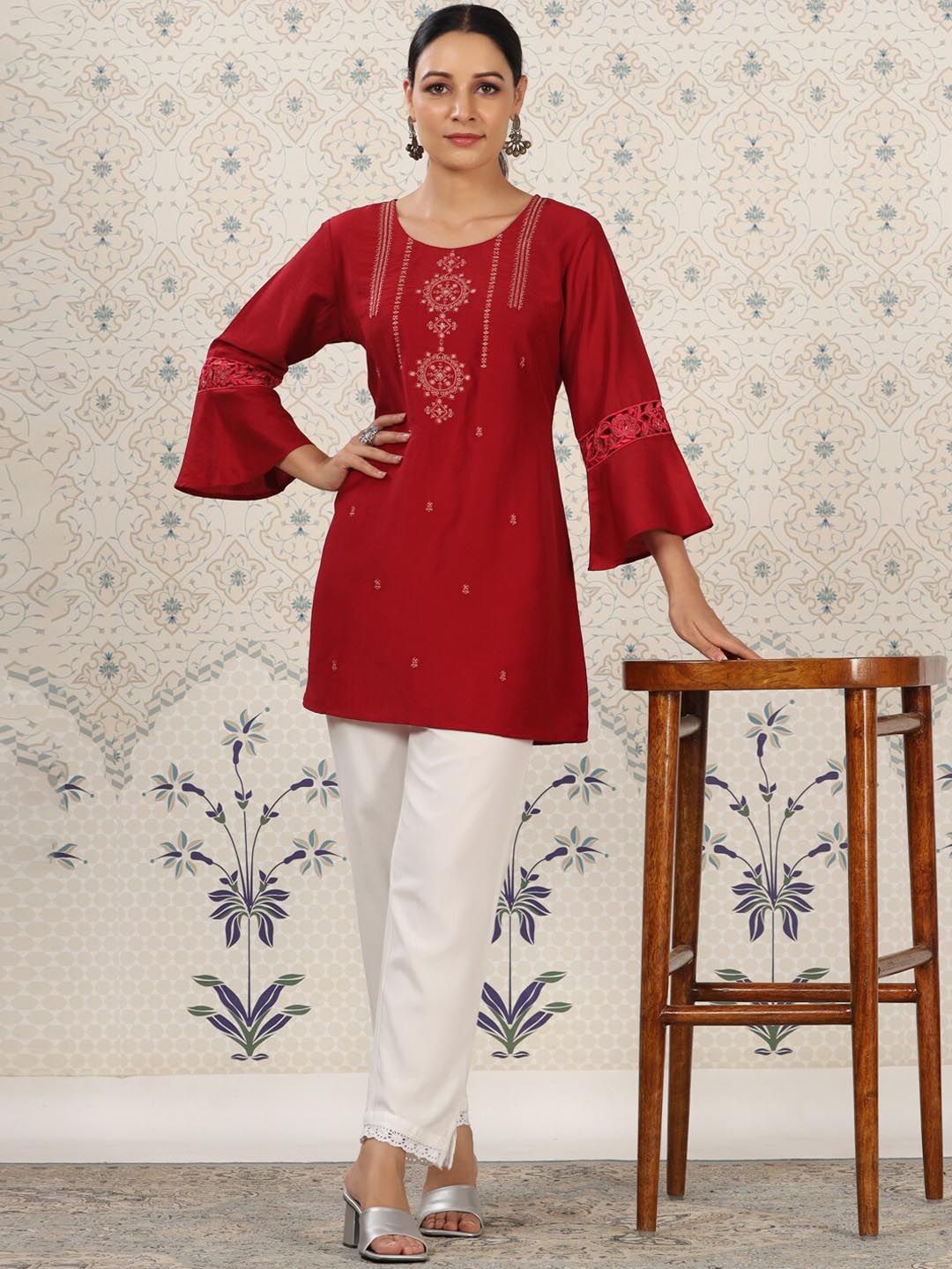 Ode by House of Pataudi Red Ethnic Motifs Embroidered Bell Sleeves Kurta - Distacart
