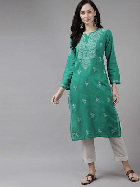 ADA Women Green & White Ethnic Motifs Hand Embroidered Chikankari Handloom Kurta - Distacart