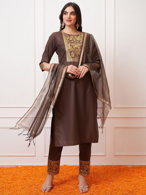Vishudh Taupe Ethnic Motifs Printed Regular Kurta with Trouser & Dupatta - Distacart