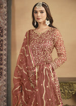 Thumbnail for Net Rust Orange Embroidered Festive Gharara Style Suit - Emponline - Distacart