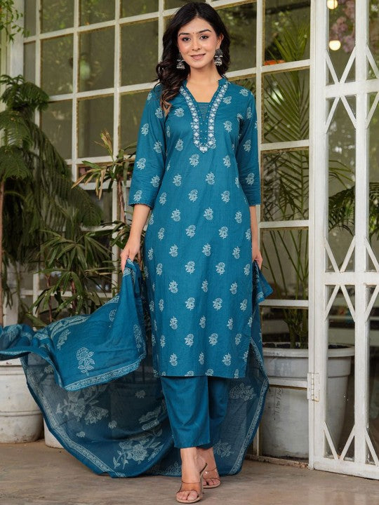Floral Printed V-Neck Pure Cotton Straight Kurta Palazzos & With Dupatta (Blue) - Rasiya
