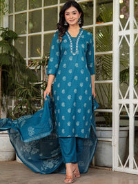 Thumbnail for Floral Printed V-Neck Pure Cotton Straight Kurta Palazzos & With Dupatta (Blue) - Rasiya