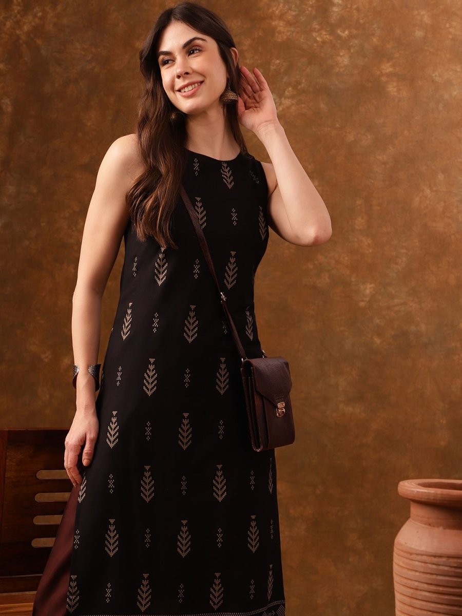 Anouk Black Ethnic Motifs Printed Sleeveless Straight Kurta