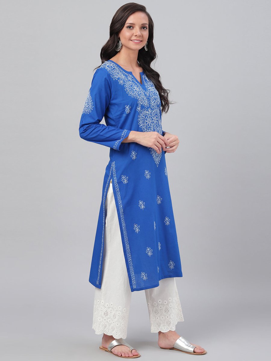 ADA Women Blue & White Chikankari Hand-Embroidered Straight Sustainable Handloom Kurta - Distacart