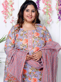 Thumbnail for Swasti Plus Size Floral Printed Sequinned Pure Cotton Kurta With Trouser & Dupatta
