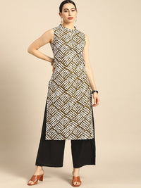 Thumbnail for Anouk Women Brown And White Printed Keyhole-Neckline Pure Cotton Kurta with Palazzo - Distacart