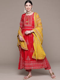 Thumbnail for Anubhutee Women Red Ethnic Motifs Printed Thread Work Kurta with Palazzos & With Dupatta - Distacart