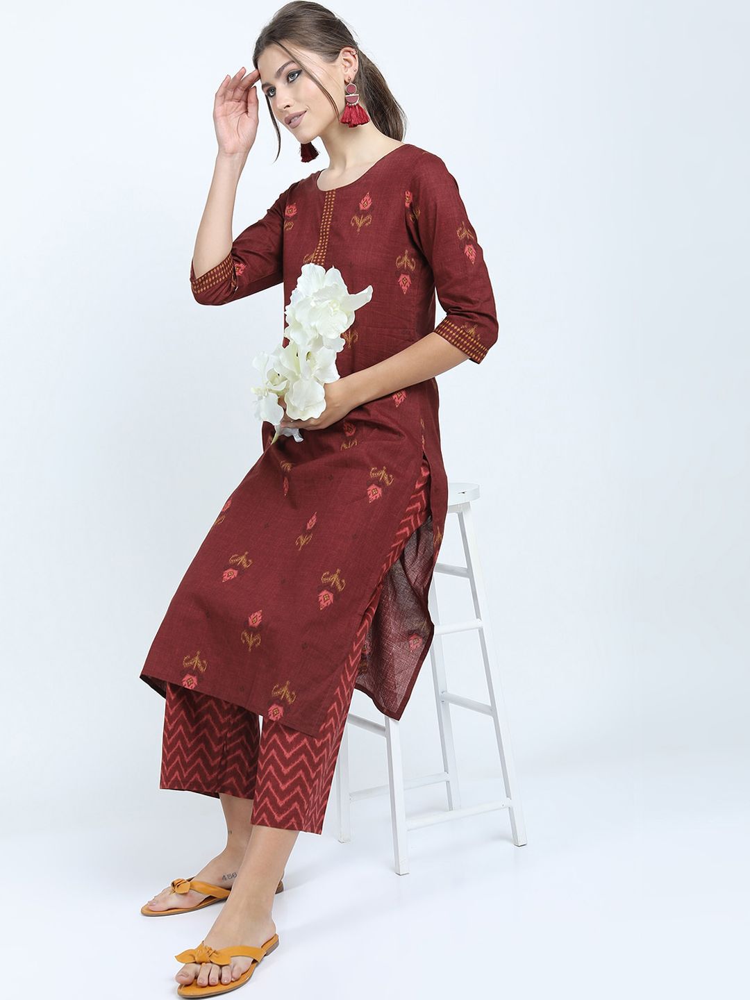Vishudh Women Maroon Floral Printed Pure Cotton Kurta With Palazzos - Distacart