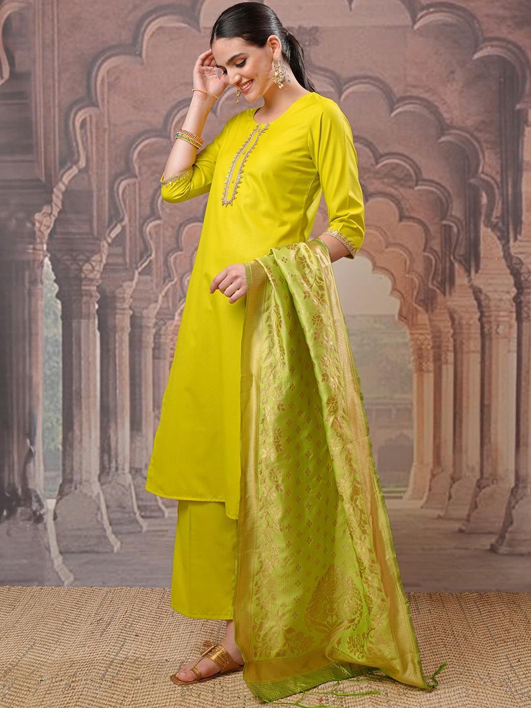 Vishudh Lime Green Gotta Patti Straight Kurta with Palazzo & Dupatta - Distacart
