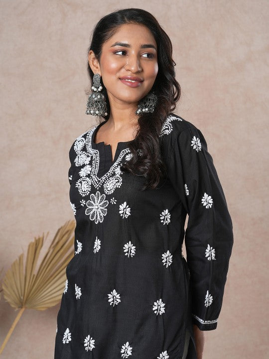 ADA Women Sustainable Black & White Paisley Chikankari Hand Embroidered Straight Kurta - Distacart