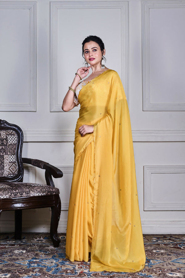 Morchari Yellow Chiffon Hand Embroidery Saree And Stitched Blouse