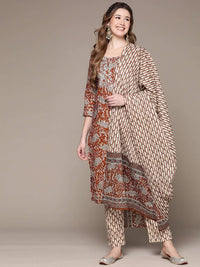 Thumbnail for Anubhutee Rust Red Embroidered Pure Cotton Kurta with Trousers & Dupatta - Distacart