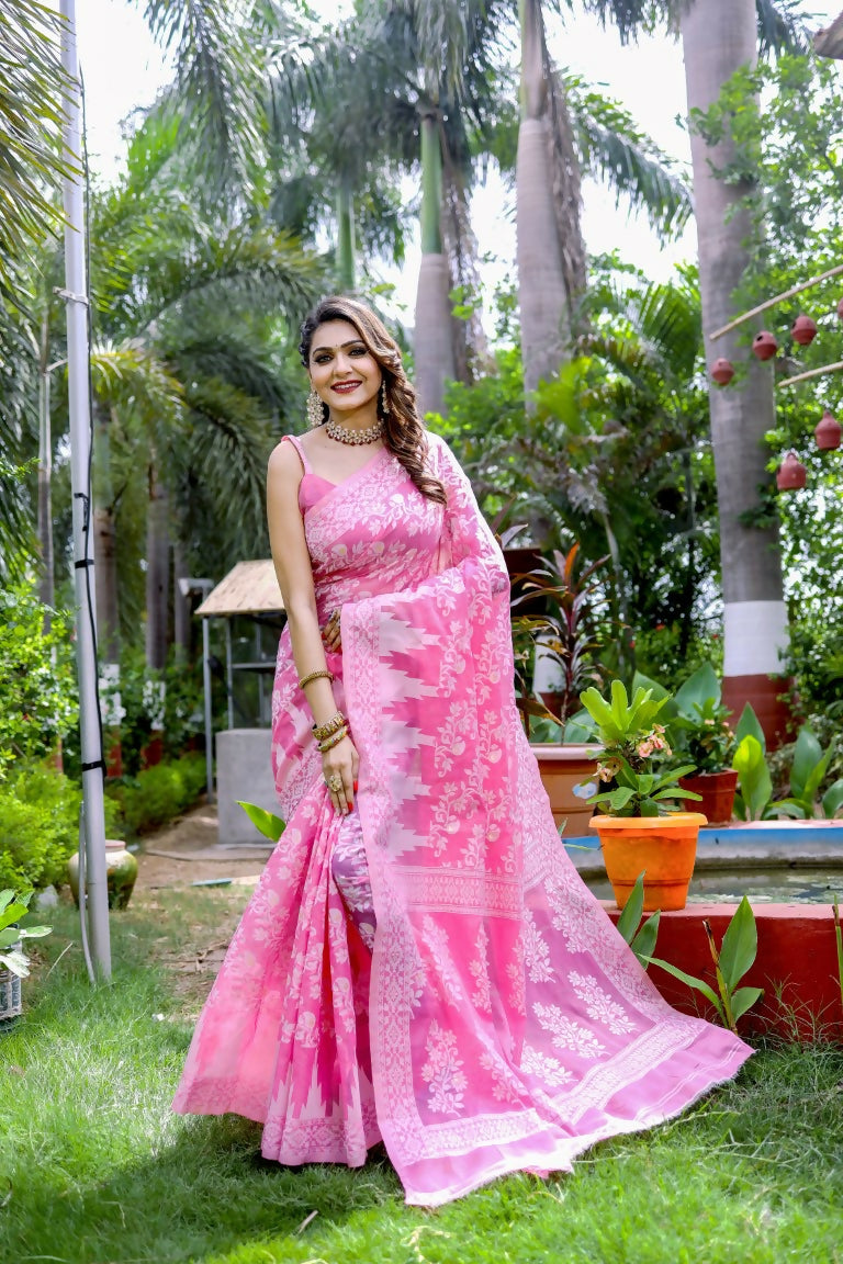 Partywear Designer Pink Jamdani contton Fancy Saree - Starwalk - Distacart