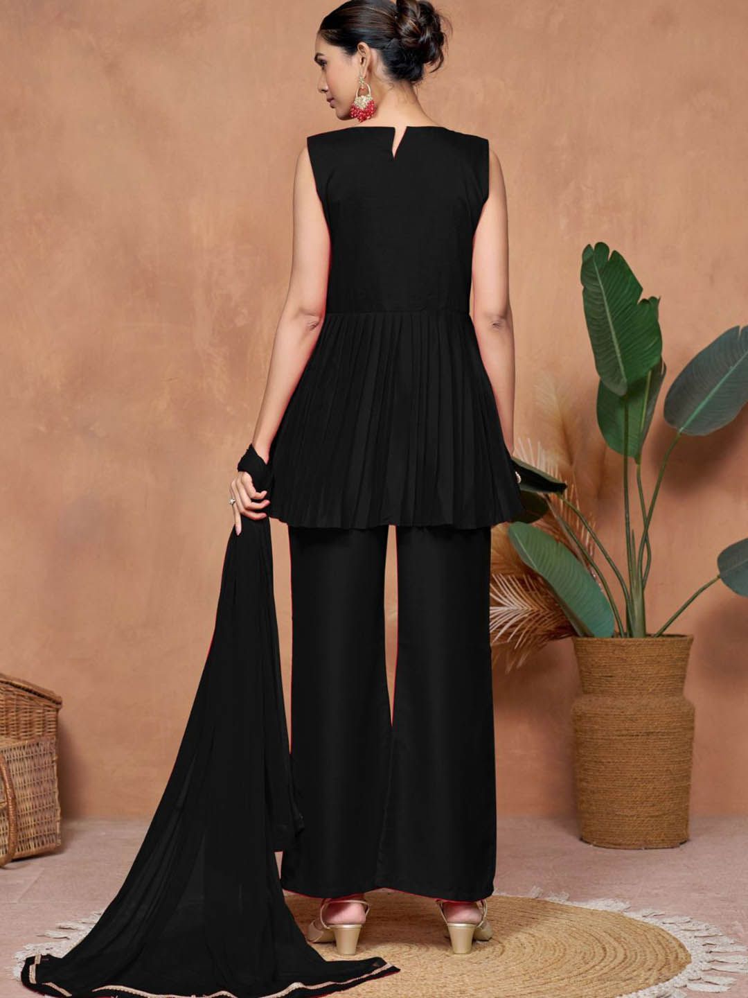 Sangria Embroidered A-line Kurta & Palazzo With Dupatta - Distacart