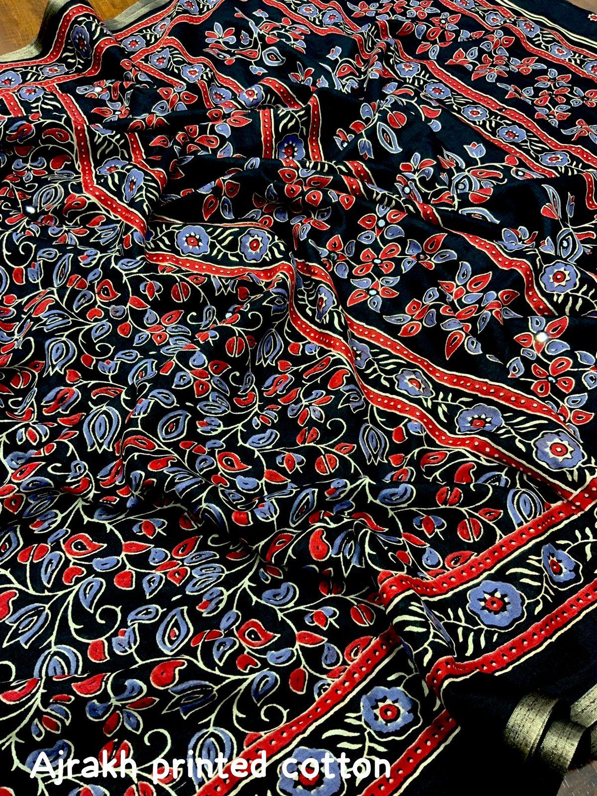 Black Cotton Blend Ajrak Saree with Unstitched Blouse - A2M