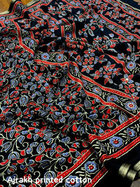 Thumbnail for Black Cotton Blend Ajrak Saree with Unstitched Blouse - A2M
