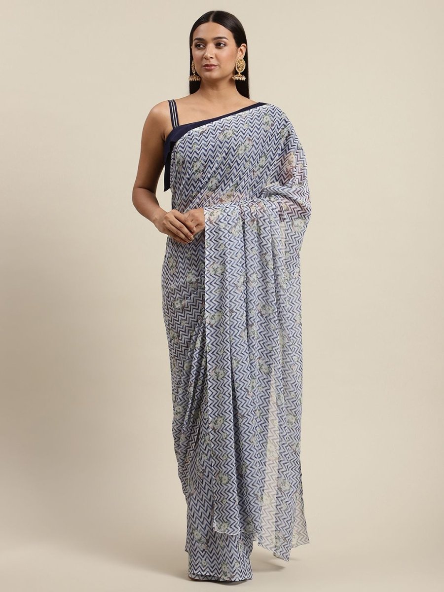 Ahalyaa Women's Navy Blue Chiffon Digital Print Chevron Saree - Distacart