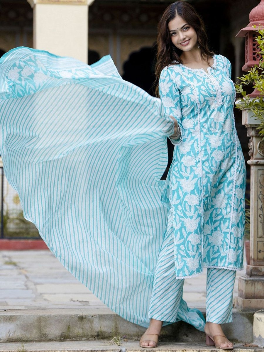 Anouk Floral Embroidered Regular Pure Cotton Straight Kurta with Pyjamas & Dupatta