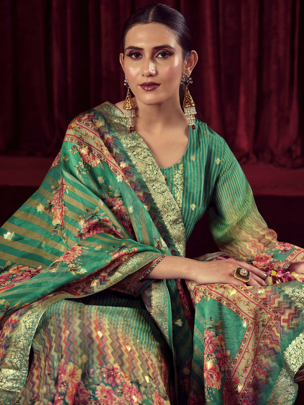 Jyoti Fashion Women's Green Organza Jacquard Woven Kurta with Trouser & Dupatta - Distacart