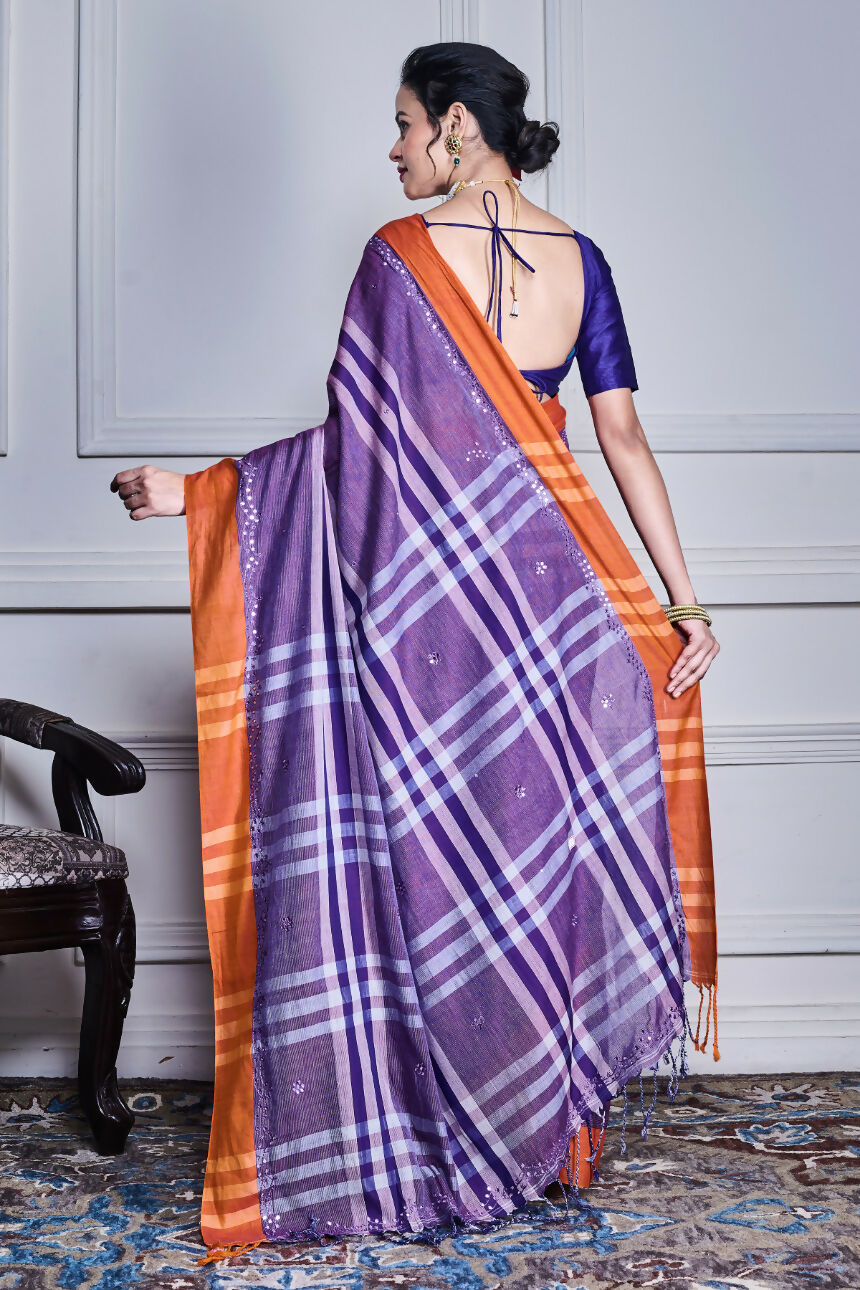 Morchari Purple Cotton Handloom Mirror Work Saree Unstitched Blouse