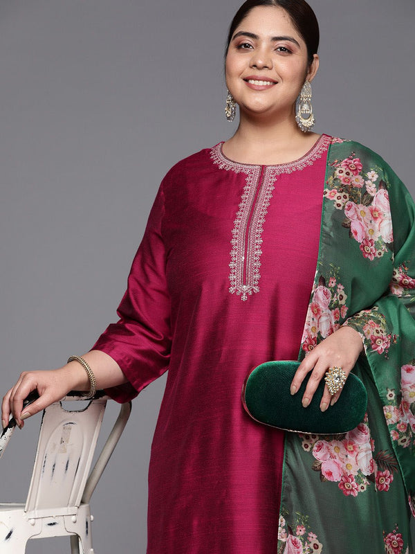 Sztori Plus Size Floral Embroidered Straight Kurta & Trousers With Dupatta - Distacart