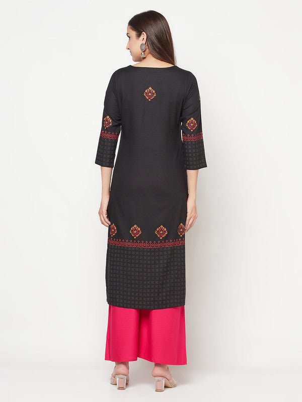 Aniyah Rayon Block Print Straight Kurta - Black