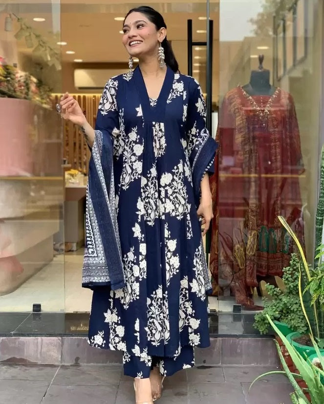 Indian Fashion Women's Viscose Blue Straight Kurta And Pant Set With Dupatta
