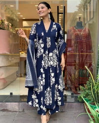 Thumbnail for Indian Fashion Women's Viscose Blue Straight Kurta And Pant Set With Dupatta