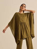 Thumbnail for trueBrowns Olive Green Texture Doddy Kaftan Gathered Co-Ord Set - Distacart