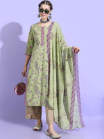 Thumbnail for Vishudh Women Green Floral Pure Cotton Kurta with Trouser & Dupatta - Distacart