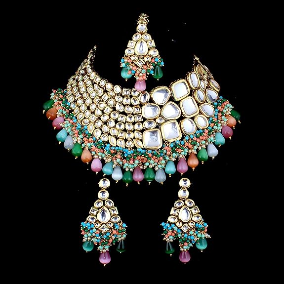 Tehzeeb Creations Meenakari Gold-Polished Multi color Uncut dibbi Kundan Combo Necklace Set - Distacart