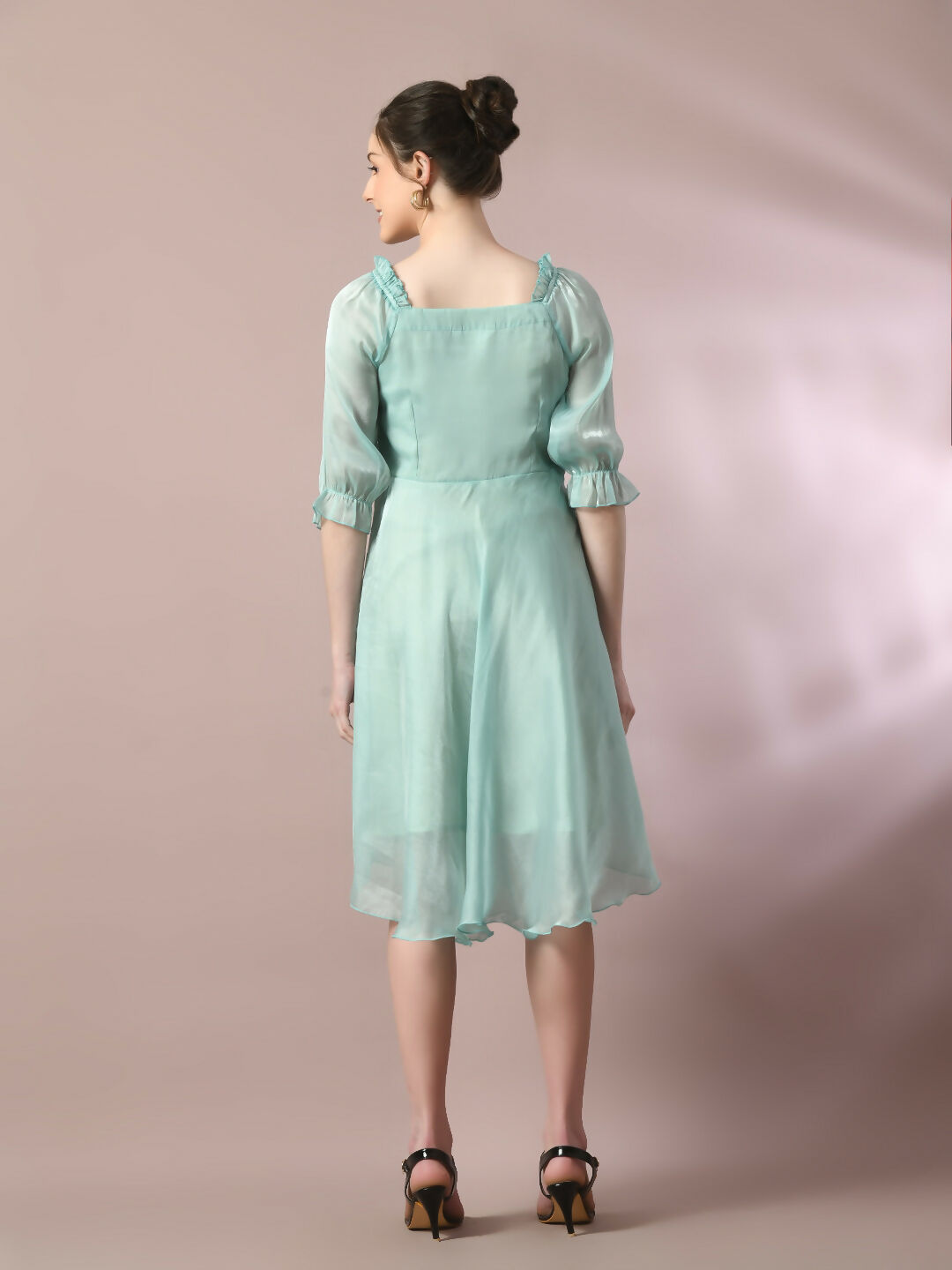 Myshka Women's Sea Green Solid Square Neck Fit and Flare Party Dress - Distacart