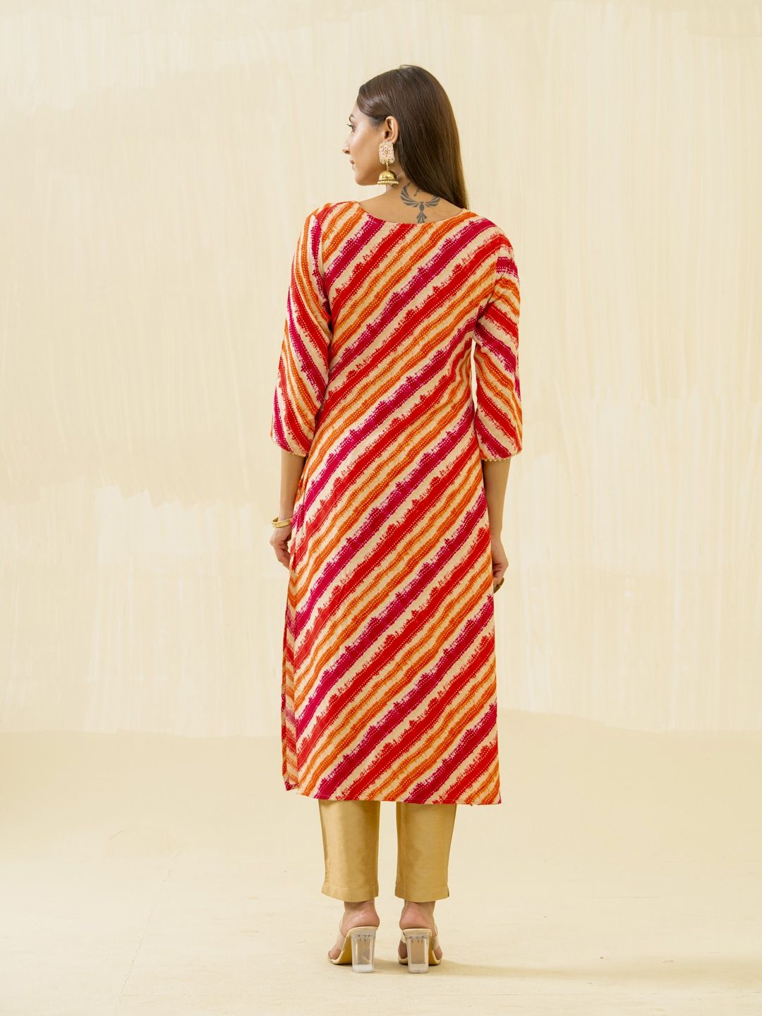 Ode by House of Pataudi Orange Striped Round Neck Gotta Patti Straight Kurta - Distacart