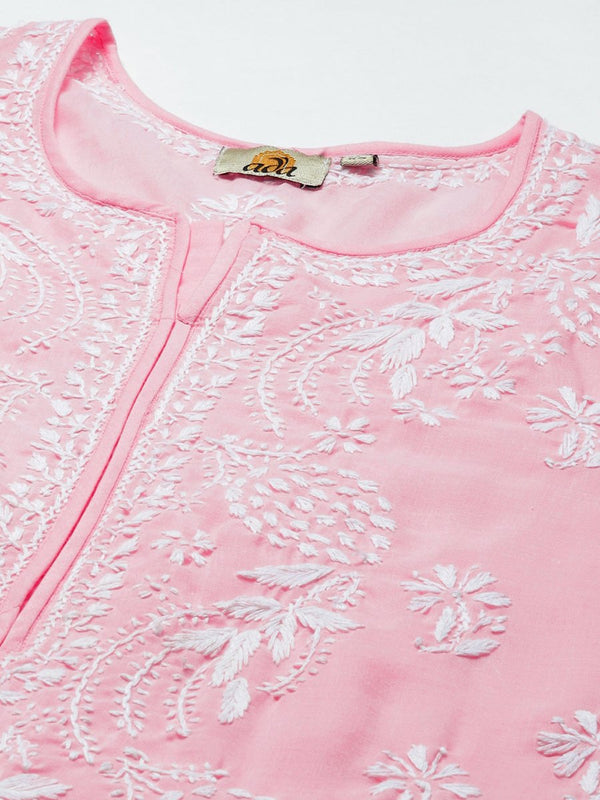 ADA Women Pink & White Ethnic Motifs Embroidered Chikankari Cotton Kurta - Distacart