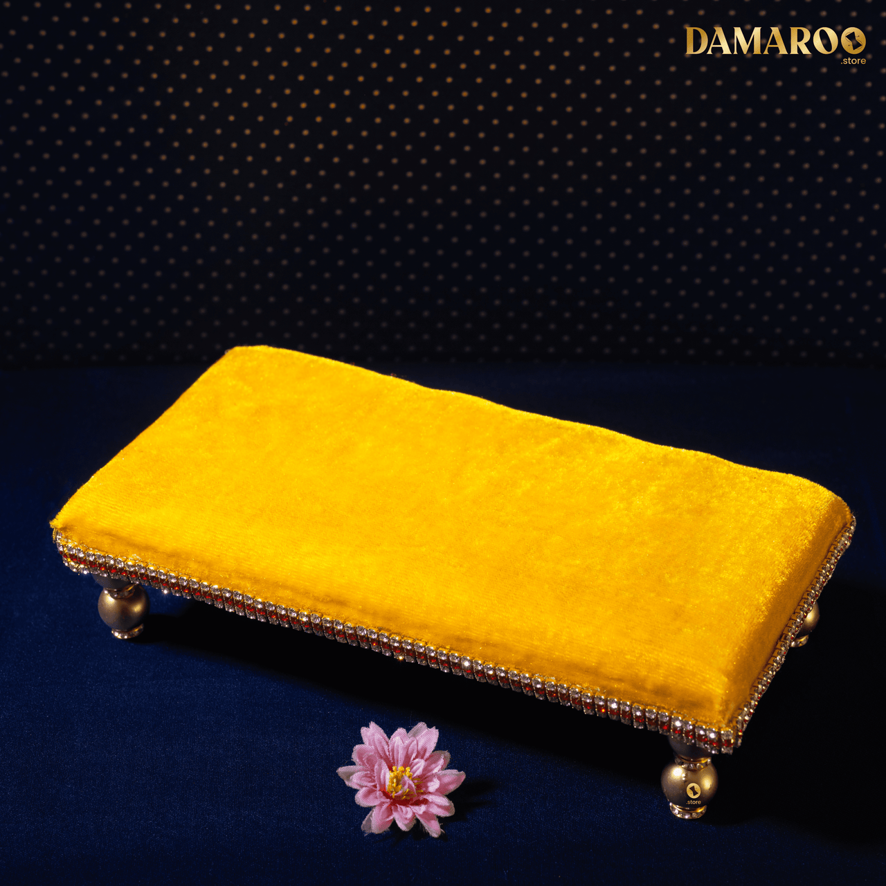 Damaroo 10x4 inch | Divine Harmony Small Pooja Chowki Deity Idol | Glitter of Glass Stones - Turmeric Yellow - Distacart