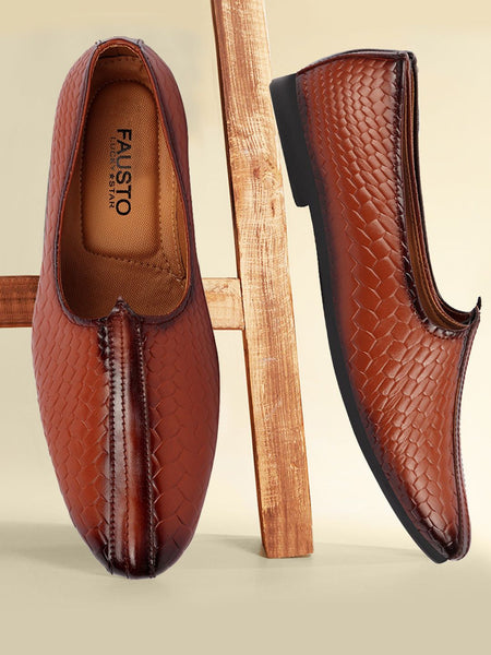 FAUSTO Men Tan Brown Light Weight Patent Leather Mojaris