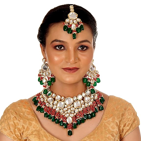 Tehzeeb Creations Meenakari Gold-Polished Multi color Uncut dibbi Kundan Combo Necklace Set - Distacart