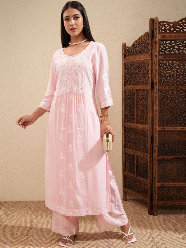 Vishudh Ethnic Motifs Embroidered Thread Work Straight Kurta With Palazzos - Distacart