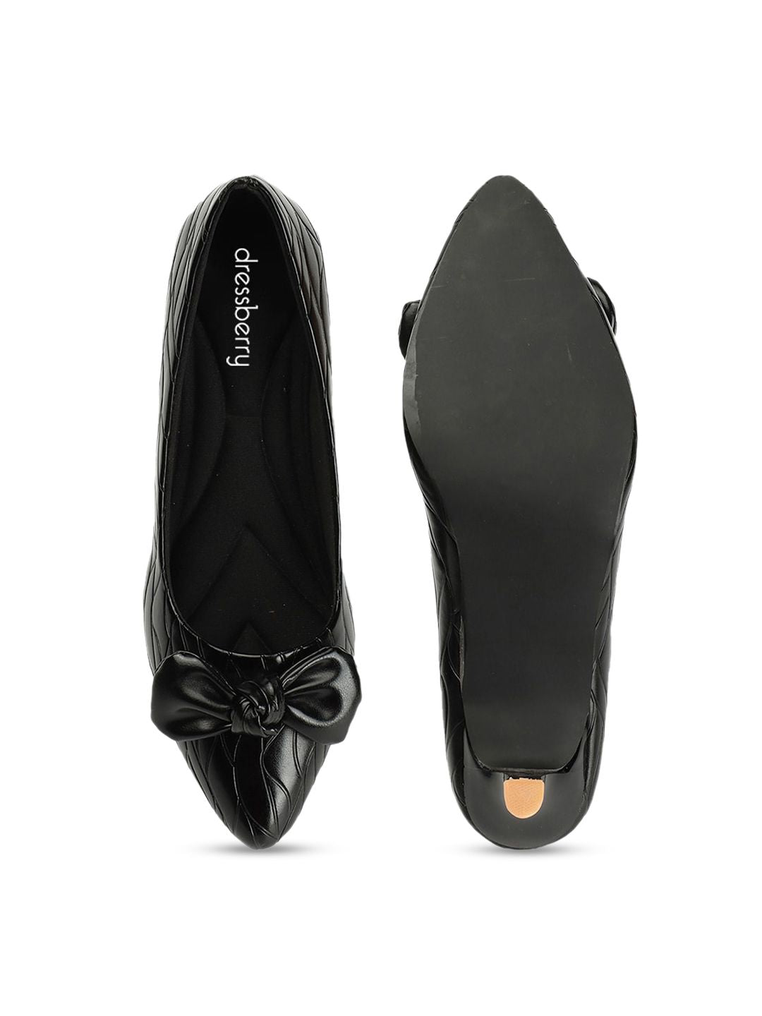 DressBerry Black Pointed Toe Textured Kitten Pumps With Bows