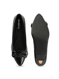 Thumbnail for DressBerry Black Pointed Toe Textured Kitten Pumps With Bows