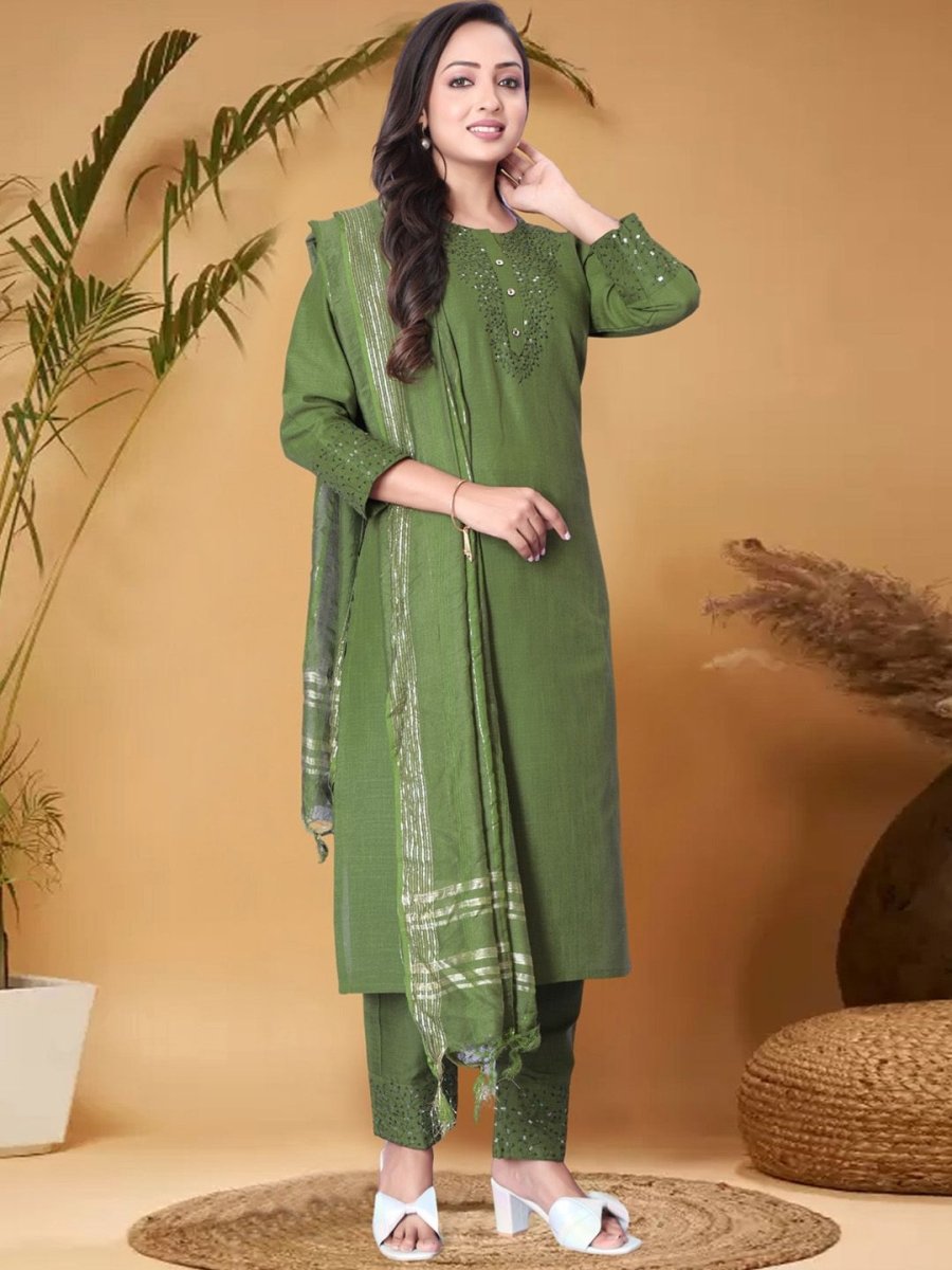 Anouk Green Ethnic Motifs Yoke Design Sequined Straight Kurta with Trouser & Dupatta - Distacart