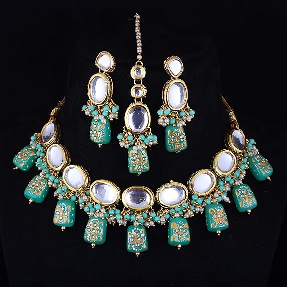 Tehzeeb Creations Back Meenakari Gold-Polished Tika Earring Jewellery Set Uncut Kundan Big Faux Kundan Dibbi Kundan Choker Necklace Set - Distacart