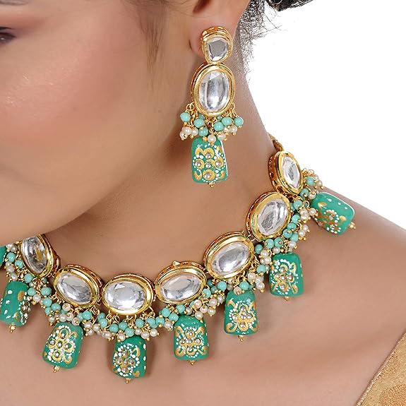 Tehzeeb Creations Back Meenakari Gold-Polished Tika Earring Jewellery Set Uncut Kundan Big Faux Kundan Dibbi Kundan Choker Necklace Set - Distacart
