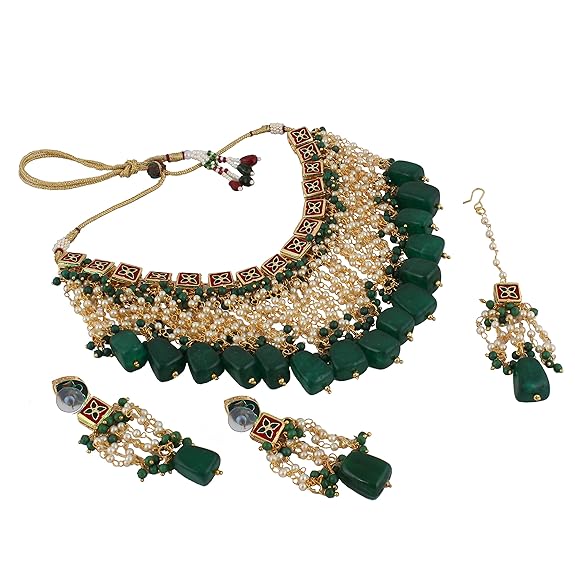 Tehzeeb Creations Back Meenakari Gold-Polished Green Color Square Shape Tika Earring Jewellery Set Uncut Kundan Big Faux Kundan Dibbi Kundan Choker Necklace Set - Distacart