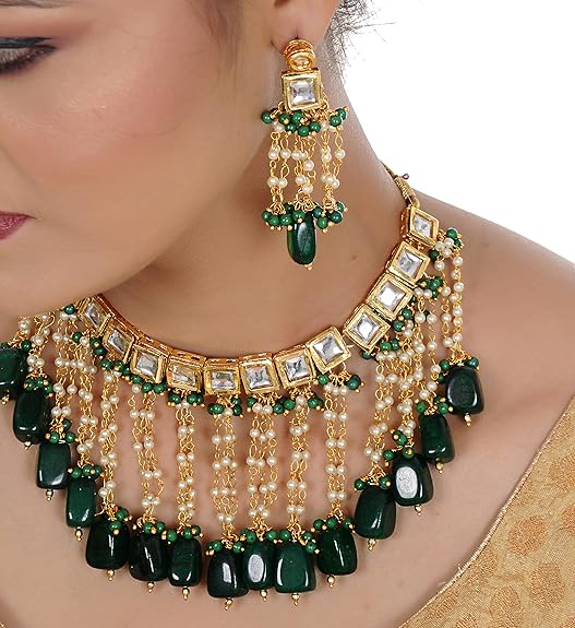 Tehzeeb Creations Back Meenakari Gold-Polished Green Color Square Shape Tika Earring Jewellery Set Uncut Kundan Big Faux Kundan Dibbi Kundan Choker Necklace Set - Distacart